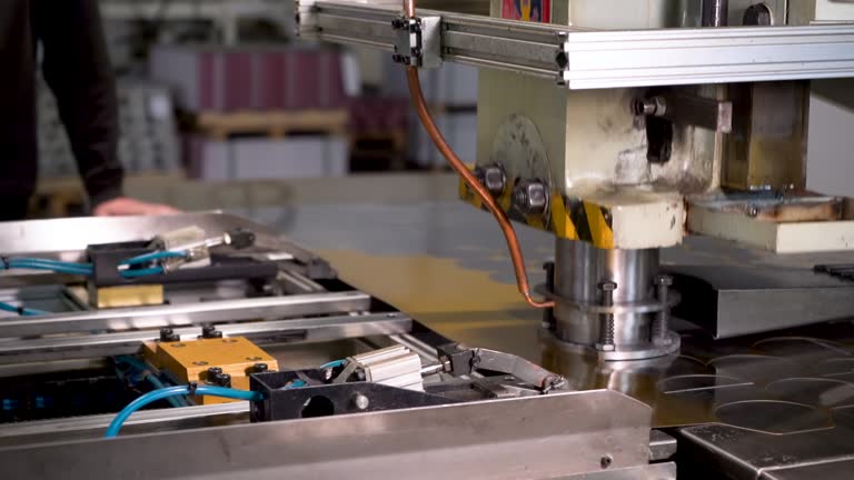 A hydraulic press stamps metal parts.