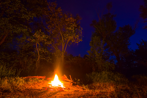 touristic camp fire on forest glade at the night, summer camping  scene