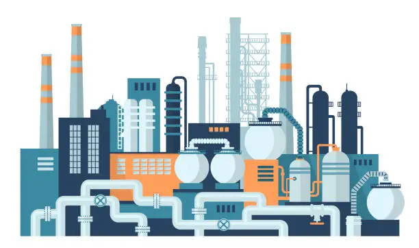 Vector illustration of Oil gas industry. Oil refinery complex