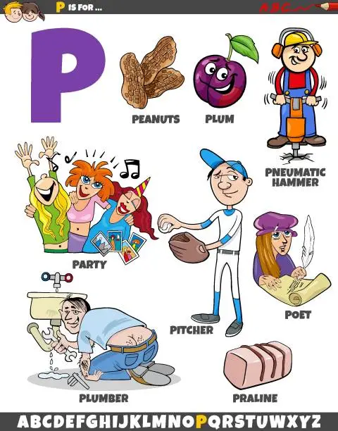 Vector illustration of Letter P set with cartoon objects and characters