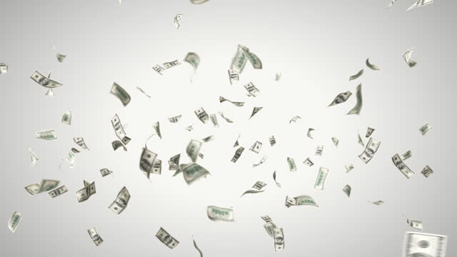 Money tornado. Stream of flying and falling dollar bills on a white background.