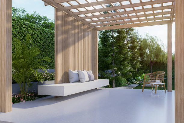 istock Modern contemporary style wooden pavilion with garden view 3d render 1997318437