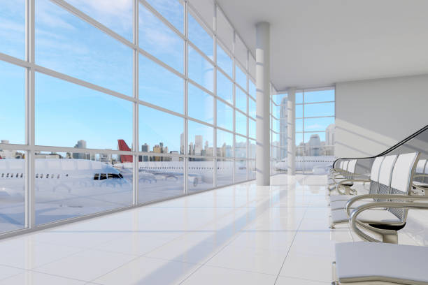 istock Modern style empty airport terminal lounge with city view background 3d render 1997318441