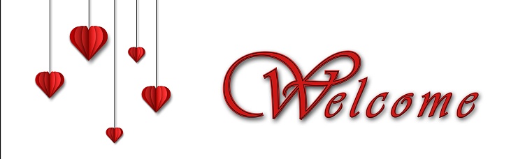 Welcome banner - lettering in red and black colour - red hearts hanging on twine - 3D Illustration