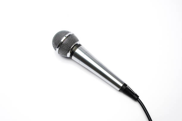 Silver handheld microphone with ball head isolated on a white background.