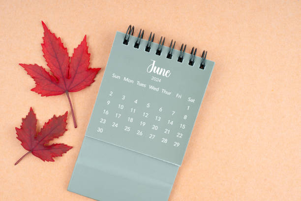 istock June 2024 monthly calendar and fall leaves. 1997343824