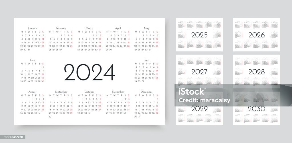 2024 2025 2026 2027 2028 2029 2030 Years Calendar Grids Set Templates