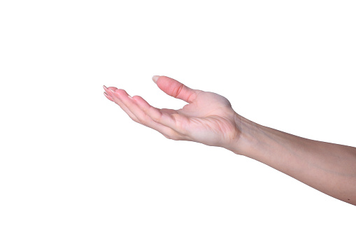 A hand reaching out to grasp an object on a white background.