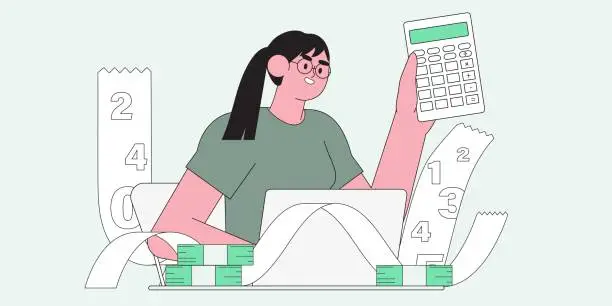 Vector illustration of Character preparing documents for tax calculation, making income tax return and calculating business invoices. Taxation concept. Online accountant service for business.