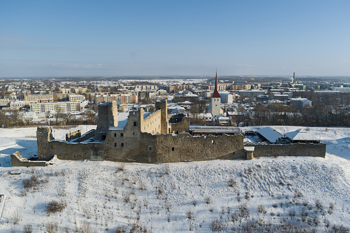 Ruins of the old Rakvere castle in winter, photo from a drone. High quality photo