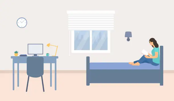 Vector illustration of Side View Of Young Girl Sitting On Bed And Reading Book. Modern Teen Room With Study Desk, Computer, Books And Bed Furniture