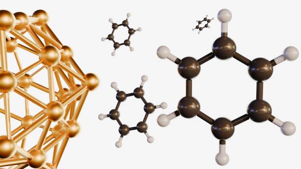 3d rendering of benzene molecules conjugated gold (Au) nanoparticles (NPs) on the black background
