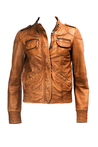 Brown leather jacket isolated on the white background. Front view.