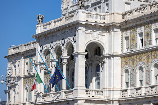 Trieste, Italy - September 26, 2023: Palace of the Prefecture of Trieste located on Unity of Italy Square (Piazza Unita d'Italia)