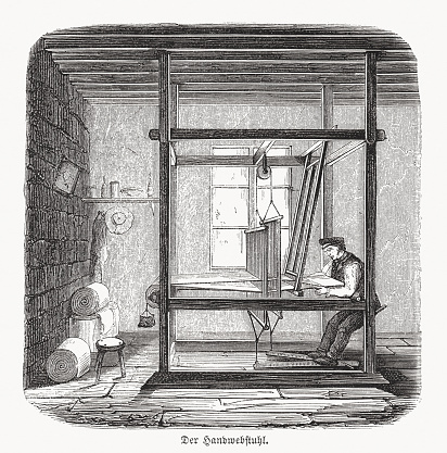 A man at the handloom. Nostalgic scene from the past. Wood engraving, published in 1869.