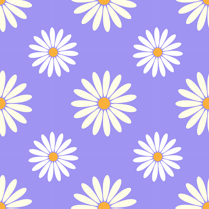 seamless pattern featuring stylized white daisies with yellow centers set against a lavender background depicts a cheerful and floral design.