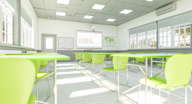 istock modern interior of a school classroom with green elements. 1997436215