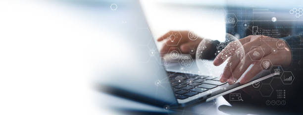 istock Digital Technology, IoT Internet of Things, Global business. Business man using laptop with global internet network connection with cloud computing and data management, information technology 1997480408