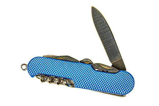 Close up of a Blue Pocket Knife isolated on a white background with copy space