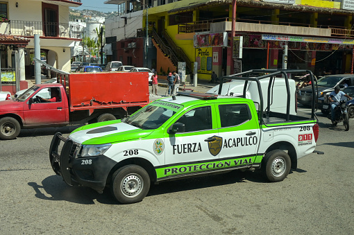 Acapulco, Mexico - 17 January 2024: Patrol vehicle used by the road traffic police in Acapulco city