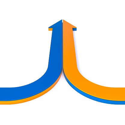 blue and orange arrows converging on a white background. 3d render
