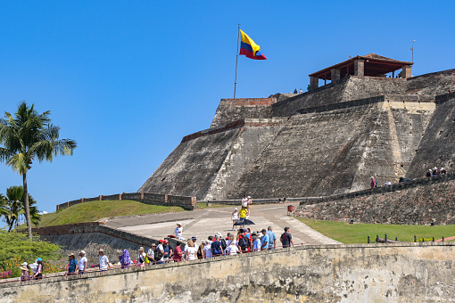 Cartagena, Colombia - 24 January 2024: People walkng up to San Felipe de Barajas Castle in Cartagena.