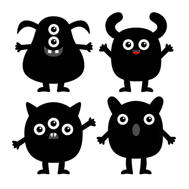 Vector illustration of Cute black monster set. Happy Halloween. Monsters with different emotions. Hands, legs. Funny face head. Cartoon kawaii boo baby character. Childish collection. White background. Flat design.