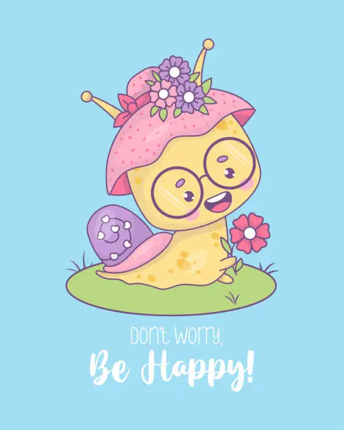 Vector illustration of Funny snail character pretty woman in hat with flowers. Cute insect kawaii character. Vector illustration. Cool poster with happy slogan .