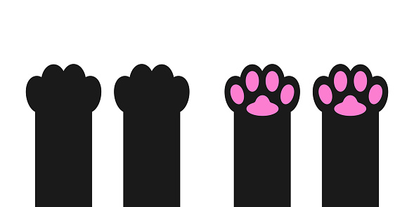 Cat dog paw print foot leg set. Kitten pink paws footprint icon. Cute cartoon character body part silhouette. Baby pet collection. Love. Black sign symbol. Flat design. White background. Vector