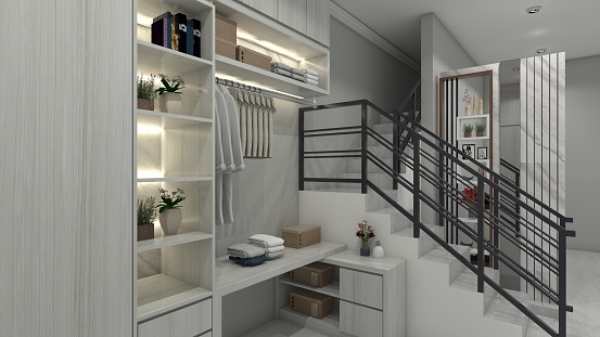 Modern wardrobe stairs storage compartment and wall panel partition design. Using soft wooden texture cabinet materials and interior lighting decoration.