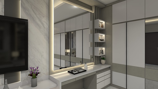 Modern dressing table design with mirror panel and interior lighting decoration. Using white and beige color cabinet furnishing, suitable for interior fitting room design.
