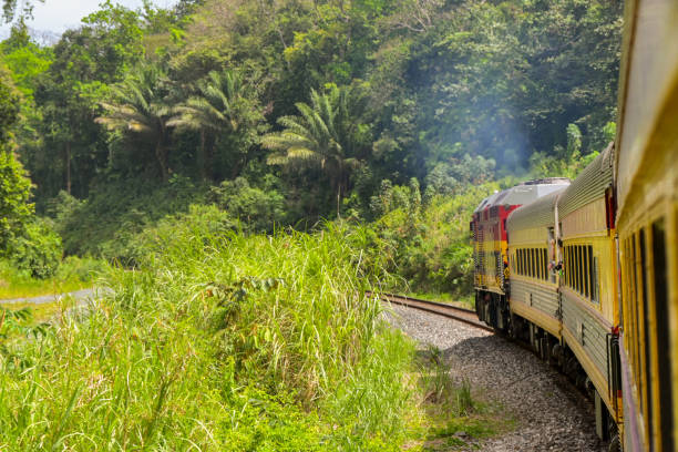 Panama - 22 January 2024: Diesel locomotive pulling coaches rounding a bend on the Panama Canal Railway