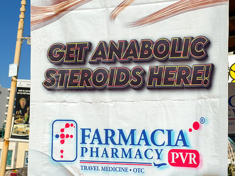 Puerto Vallarta, Mexico - 14 January 2024: Sign outside a pharnacy advertising anabolic steriods for sale