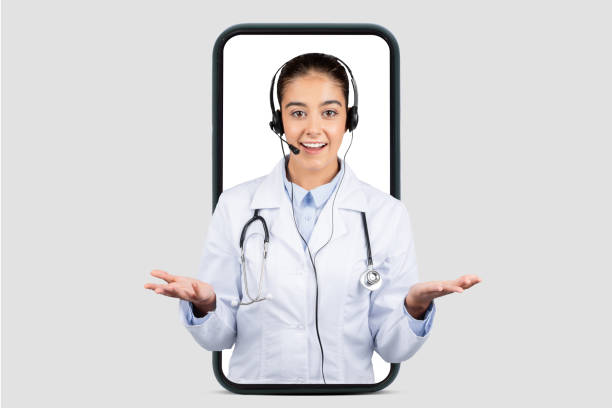 istock An affable european doctor with a headset framed within a smartphone outline 1997509873