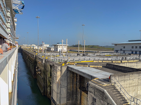 Panama Canal, Panama - 23 January 2024: Large cruise ship entering one of the Cocoli locks on the pacific side of the Panama Canal