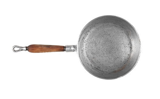 old aluminum frying pan isolated on white background