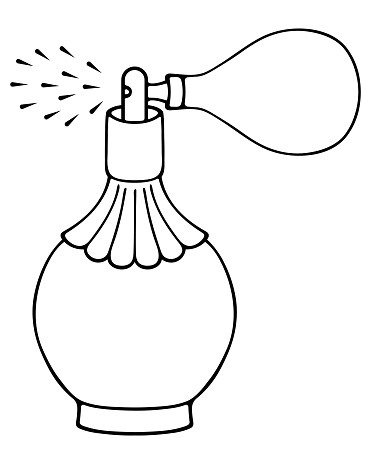 Spray fragrant perfume. By pressing on the pear-shaped spray bottle. Sketch. A pot-bellied glass bottle with fragrant eau de toilette. Vector illustration. Doodle style. An old fashioned container with a cute wavy edge. Outline on isolated background. Coloring book for children. Idea for web design.