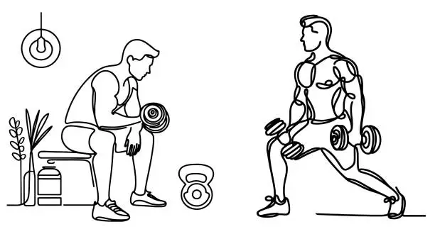 Vector illustration of Set of two figures of a man with dumbbells. Fitness