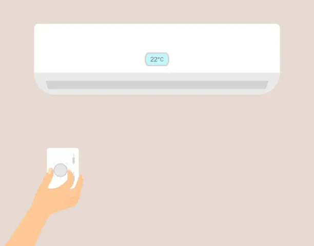 Vector illustration of Close-up View Of Hand Adjusting Room Temperature From Wall-Mounted Air Conditioner Control Panel