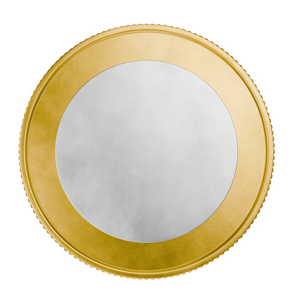 Blank gold coin with a silver center on a transparent, white background. Money, bank, loans. Blank template for coin or medal with metal texture. Currency, winnings. Medal, prize for first place. Donations. Subscription. 3D rendering.