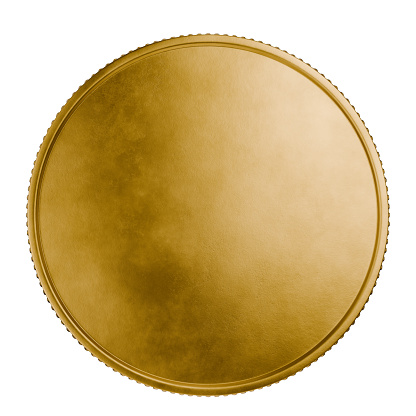Donations. Coin for casino. Money, bank, loans. Blank template for gold coin or medal with metal texture. Currency. Medal, prize. Subscription. Blank gold coin on a transparent, white background. 3D rendering.