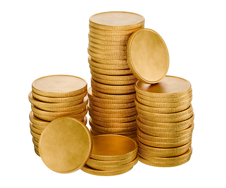 Donations. Blank template for coin or medal with metal texture. Money, bank, loans. Several stacks, heaps, scatterings of gold coins on a transparent white background. Medal, first place prize. 3D rendering.