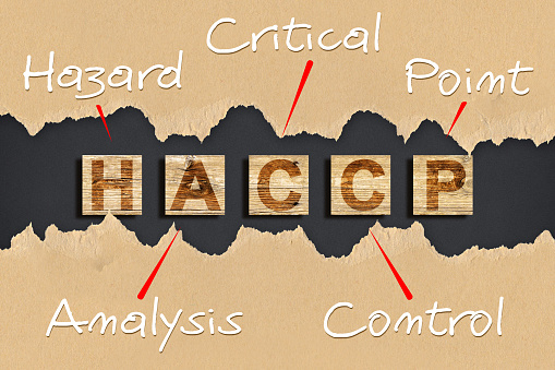 HACCP and Food Safety Quality Control in food industry - concept text against a dark background