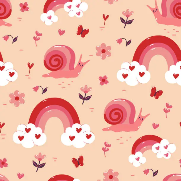 Vector illustration of Seamless pattern with snails, rainbows, flowers, hearts. Vector graphics.