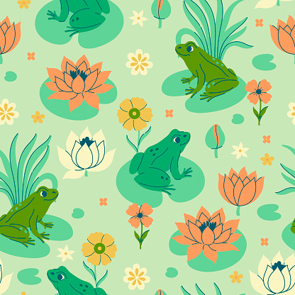 Seamless pattern with frogs and water lilies. Vector image.