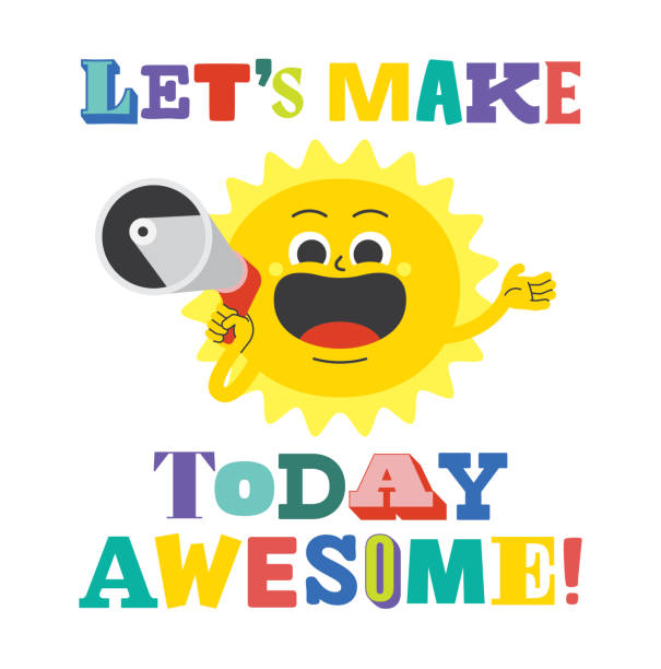Sun Holding Megaphone Speaker Work Motivational Meme Text Inspirational, motivational daily work meme text with cute smiling sun cartoon character holding megaphone speaker. inspirational quotes stock illustrations