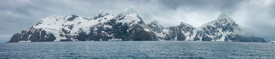 Panoramic view of Elephant Island, Antarctica. Shows the difficult coastal terrain and unforgiving environment