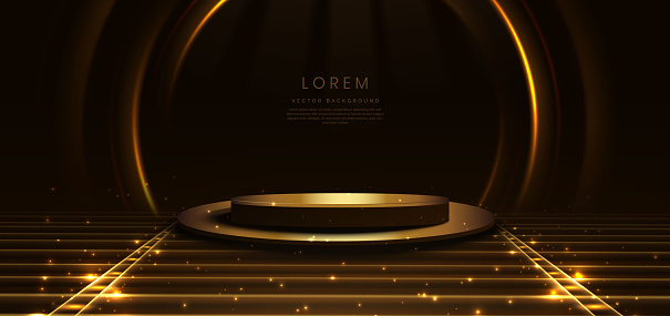 Elegant golden scene circle glowing with lighting effect sparkle on black background. Template circle podium premium award design. Vector illustration