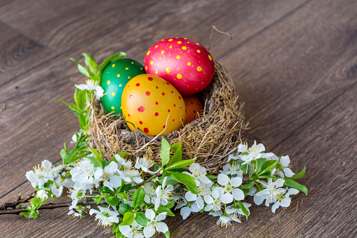 Colorful Easter eggs in a nest on the old wooden background