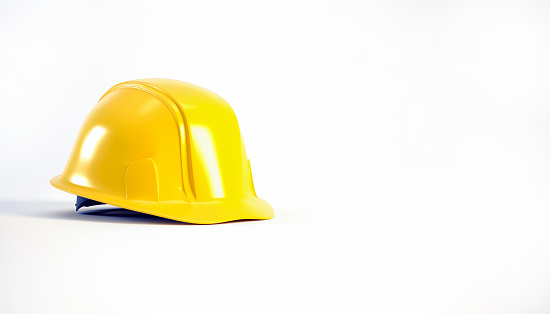 Hard hat isolated on white background with copy space, 3d render. Yellow helmet for Labour Day concept.